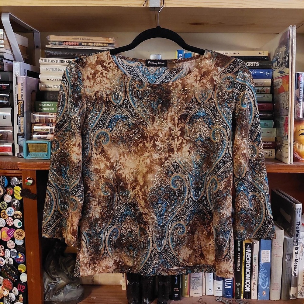 Y2K blue and brown paisley print shirt with gold glitter details.